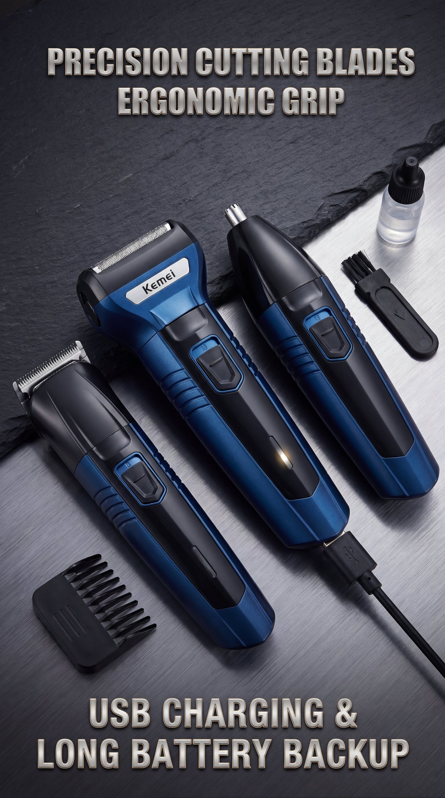 Kemei 3-in-1 Electric Hair Clipper & Grooming Kit Professional rechargeable trimmer for beard, hair, and nose grooming with sharp precision blades and stylish design.