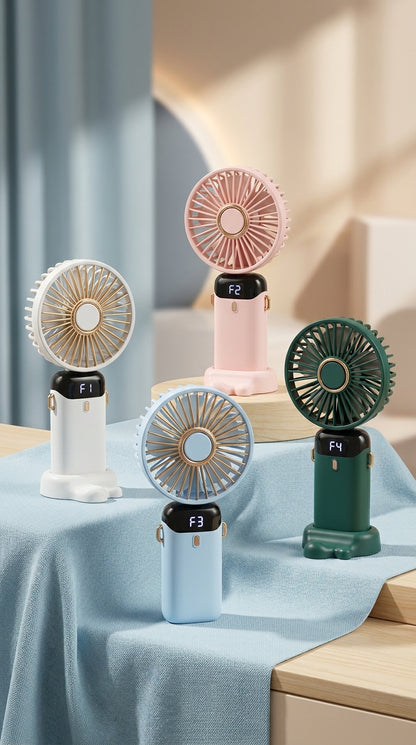 X5 Portable LED Digital Display Fan – Rechargeable Mini Handheld Fan with 5 Speeds & Phone Stand