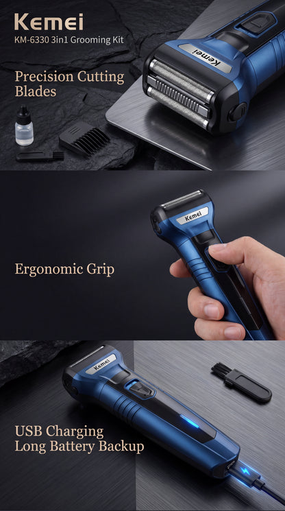 3-in-1 Electric Hair Clipper & Grooming Kit Professional rechargeable trimmer for beard, hair, and nose grooming with sharp precision blades and stylish design.
