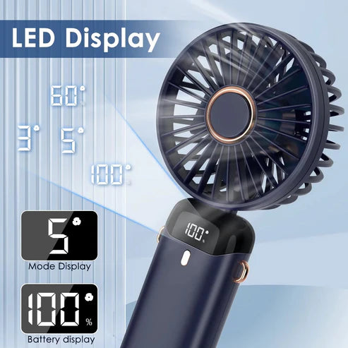 X5 Portable LED Digital Display Fan – Rechargeable Mini Handheld Fan with 5 Speeds & Phone Stand